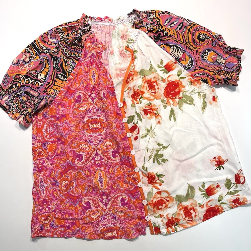 Women's Short Sleeve Floral And Paisley Patchwork Peasant Blouse Sm Med